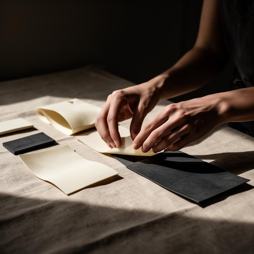 Artisan hands arranging cream and charcoal craft materials